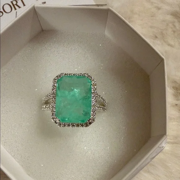 Resort Wear Emerald-Cut Green Gemstone Halo Ring by W - Picture 2 of 4